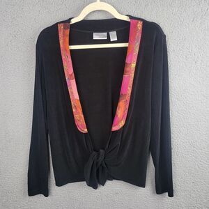 Chicos Travelers Black Tie Front Cardigan Size 0 Pink Silk Trim Stretch Knit